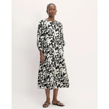Everlane The Linen A-Line Midi Dress Black White Floral 2