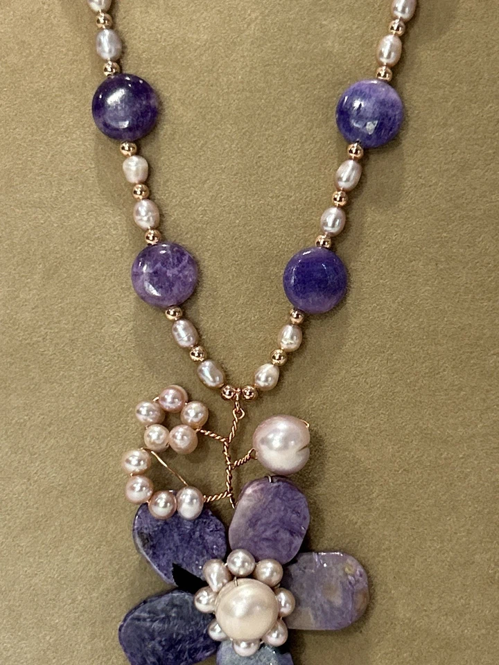 Genuine Charoite With Pearls Floral Necklace, And Earrings Set - Image 2 of 4