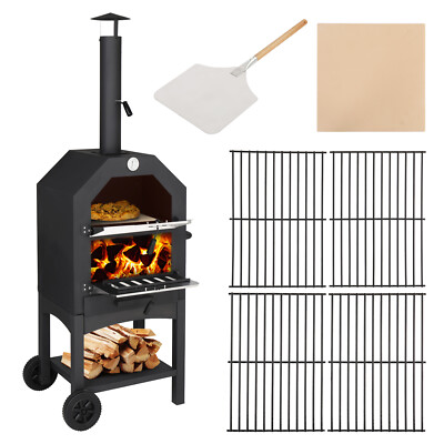 Outdoor Wood Fired Pizza Oven Pizza Maker Grill w/ Wheels & Built-in Thermometer