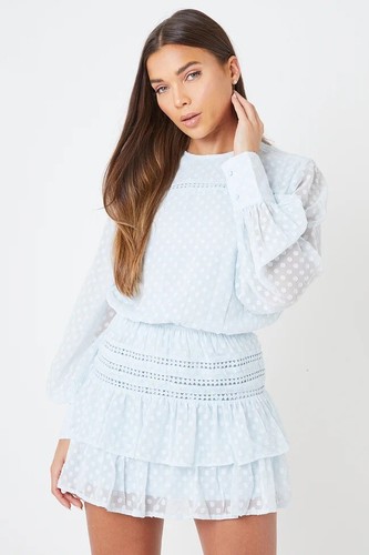 Creea The Label Size 10 Light Blue Polka Dot Long Sleeve Ruffled Casual Dress