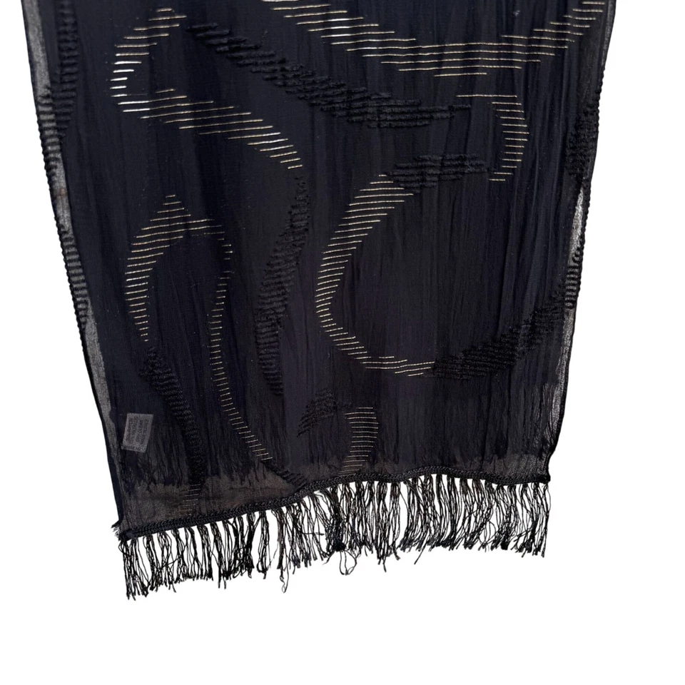 Anne Klein For Vera Vintage Black Sheer Metallic Fringe Italian Made Scarf Wrap - Image 2 of 4