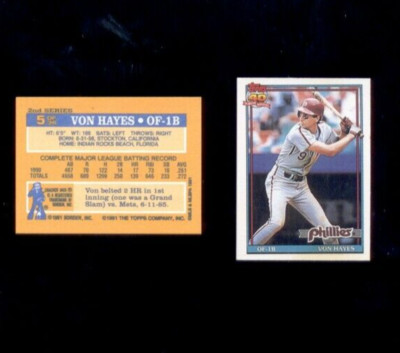 1991 Topps Cracker jack VON HAYES Philadelphia Phillies Rare Mini Card