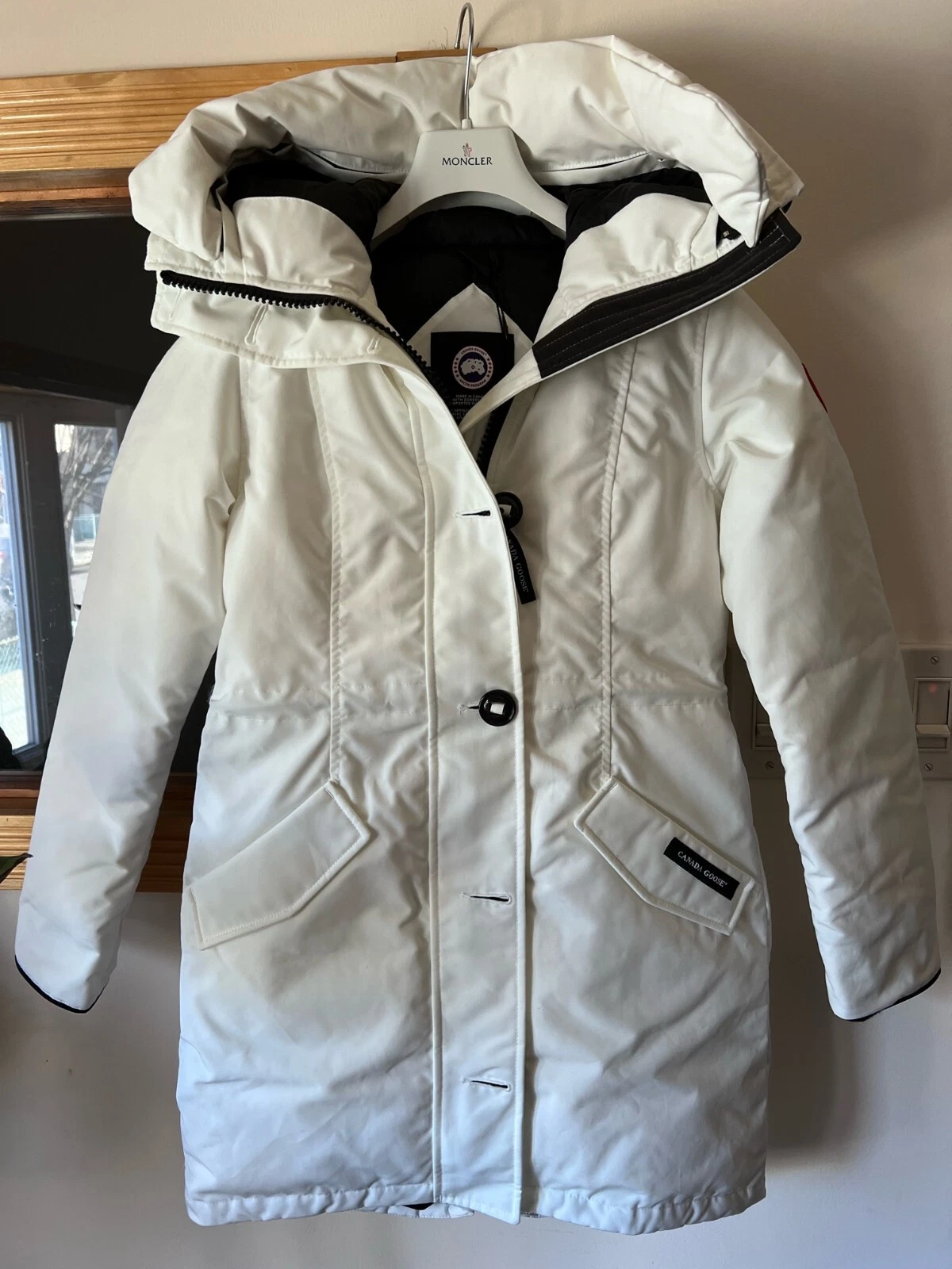 Cappuccio originale nuovo con etichette Canada Goose Rossclair Parka Heritage bianco XS