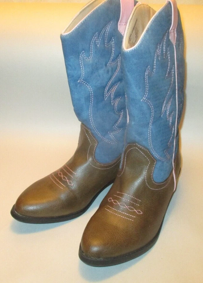 Faded Glory Girl Youth 4 Blue Denim Fabric Padded Shaft Sewn Design Cowboy Boots - Image 4 of 4