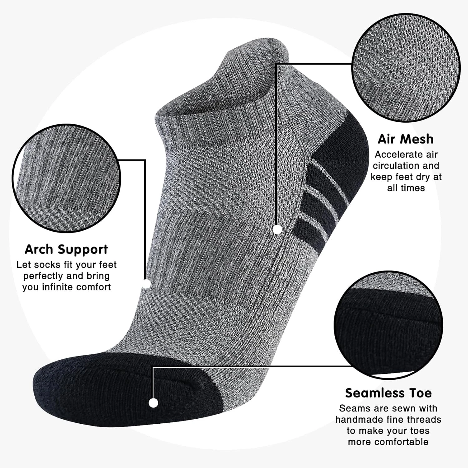 7 Pairs Mens Grey Cotton Cushioned Ankle Socks Low Cut Socks Large-X-Large