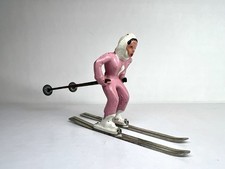 Vintage Barclay Lead Toy Pink Female Skier Skiing Figure w/ Poles And Skis