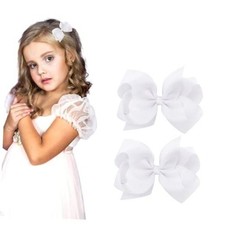 3 Inch Hair Bow Clips for Girls - Set of 2 White