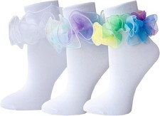 Women Big Ruffle Socks Double Lace Turn Cuff White, 3 Pairs 