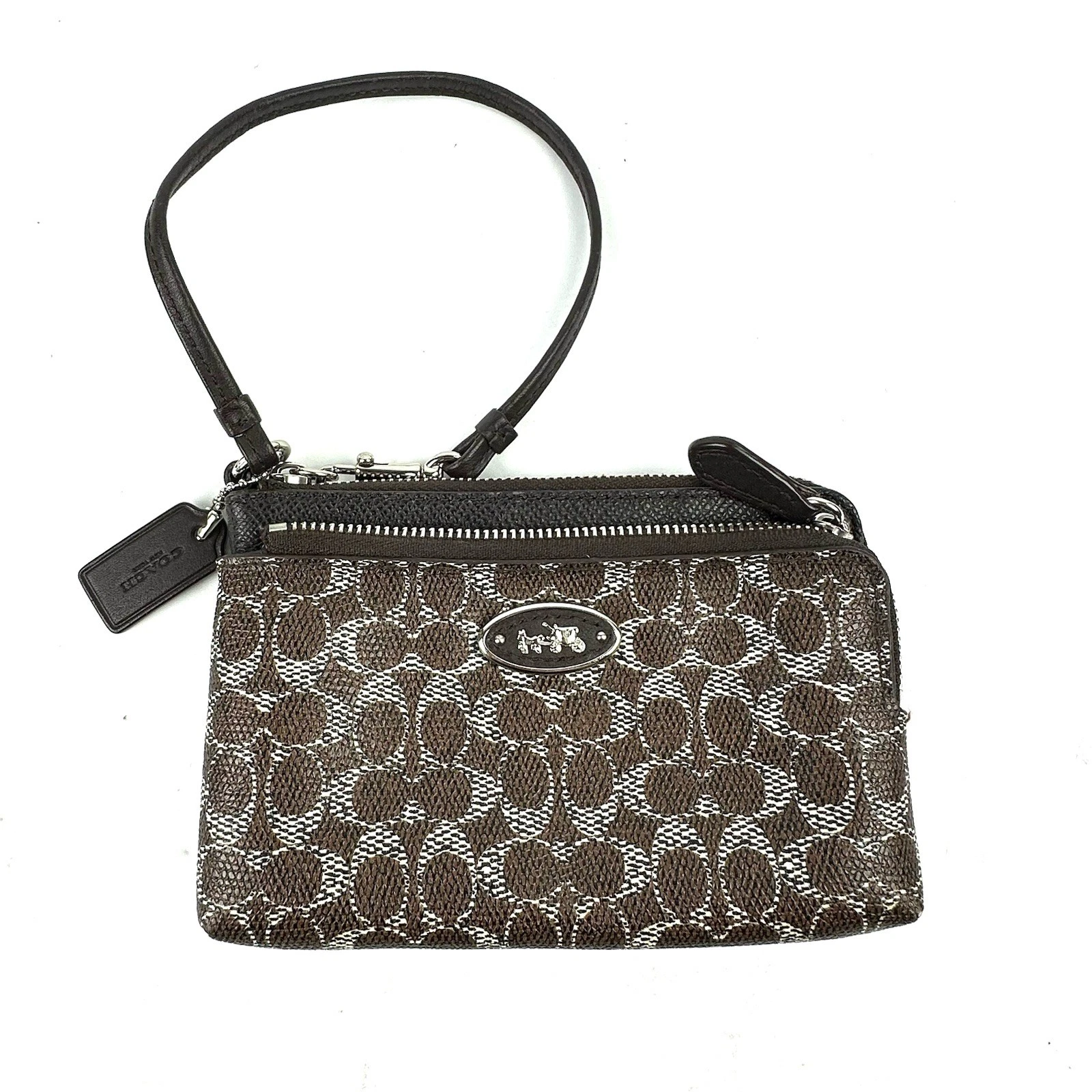 Coach Signature Wristlet Clutch Wallet Brown White Coated Canvas Hangtag Purse