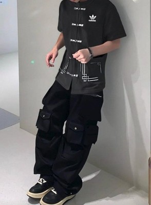 海外限定M Adidas チャイナボタン 半袖Tシャツ ブラックJD0349 Adidas Originals China button short sleeve T-shirt Black Size M