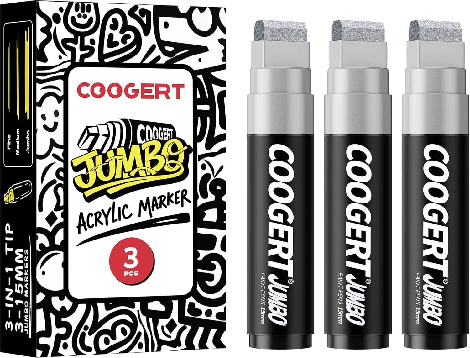 3Pcs Silver Jumbo Poster Markers, 15MM Thick Permanent Acryl