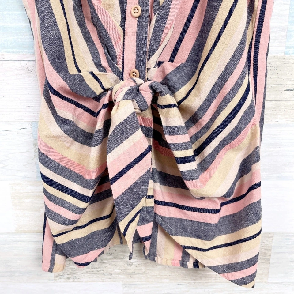 Top DREW de lino a rayas sin mangas con corbata frontal rosa tostado dobladillo alto bajo para mujer pequeño Foto 3 de 4