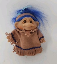 1986 INDIAN - 5" Dam Troll Doll - Blue Hair Vintage Native American Dress Shoes