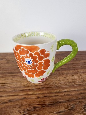 Dutch Wax By Coastline Imports Handpainted Ceramic Mug Orange Floral Green...