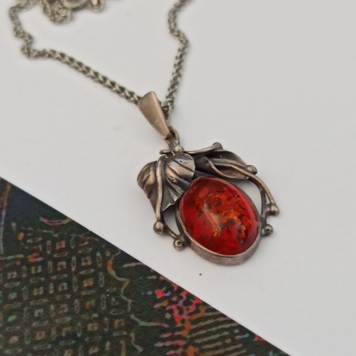 Vintage Amber Necklace Italy Sterling Silver 925 Art Nouveau