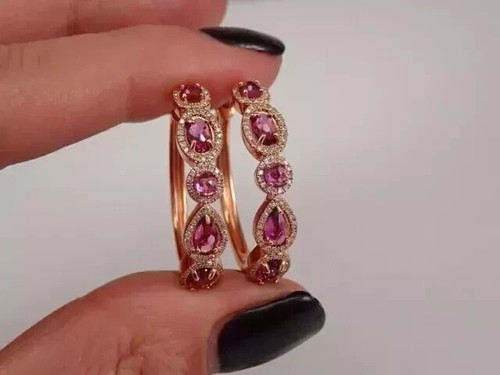 2.50CT Oval Cut Lab Created Pink Ruby Huggie Hoop Earrings 14K Rose Gold Plated - Picture 2 of 10