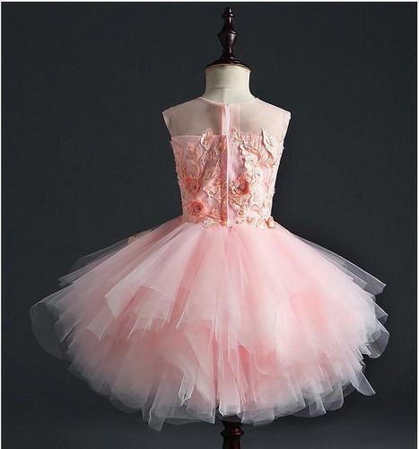 Girl Wedding Party Flower Dresses Pink Tulle Trailing Princess Gown Beaded Gown - Picture 16 of 21