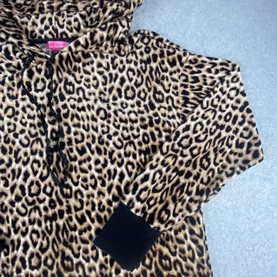 Betsey Johnson Nightgown Womens Medium Tan Black Leopard Print Hooded Plush Soft - Image 4 of 4