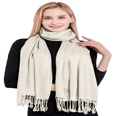 CJ Apparel Cream Solid Colour Pashmina Shawl Wrap - 80x28 Inches, Rayon/Viscose, Handmade In Nepal