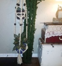 Vtg MCM Large Hanging Beige Macrame Wood Beads 2 Tier Double Flower Plant Holder