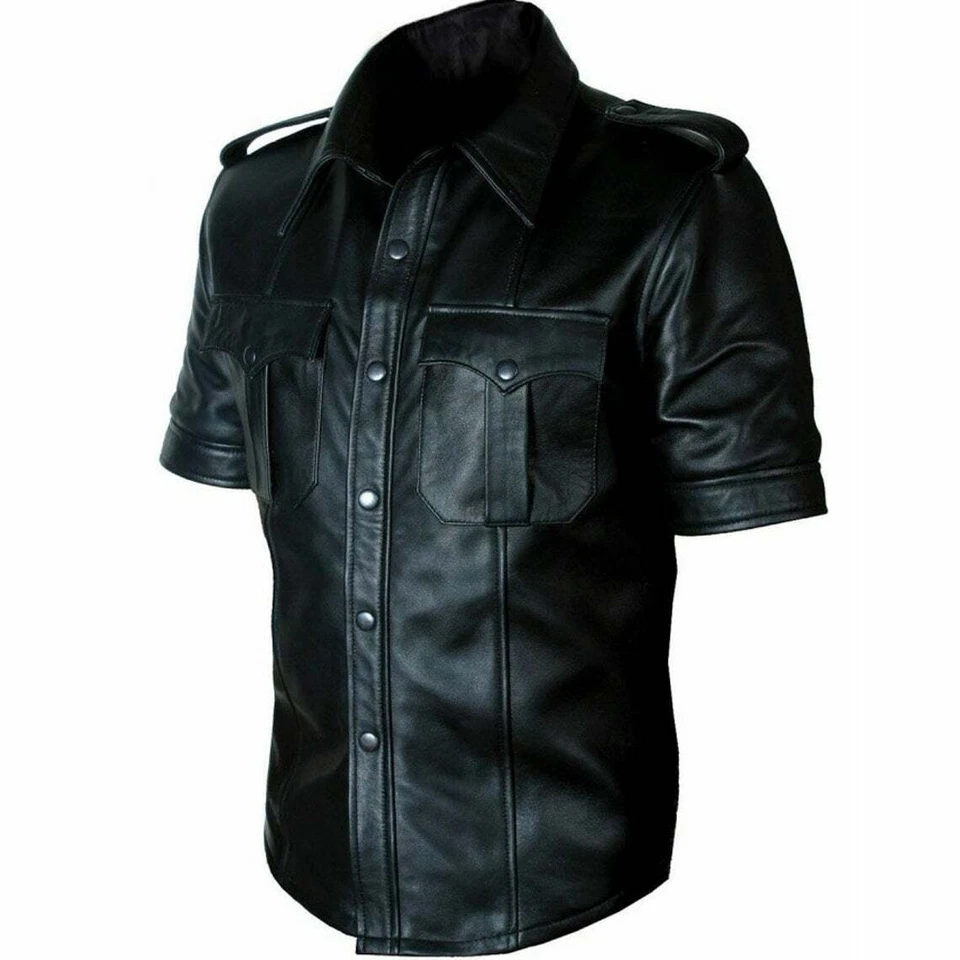 Hombres Lo último Genuino Negro Oveja CUERO Media Mangas Policía Militar Uniforme Camisa Foto 2 de 4