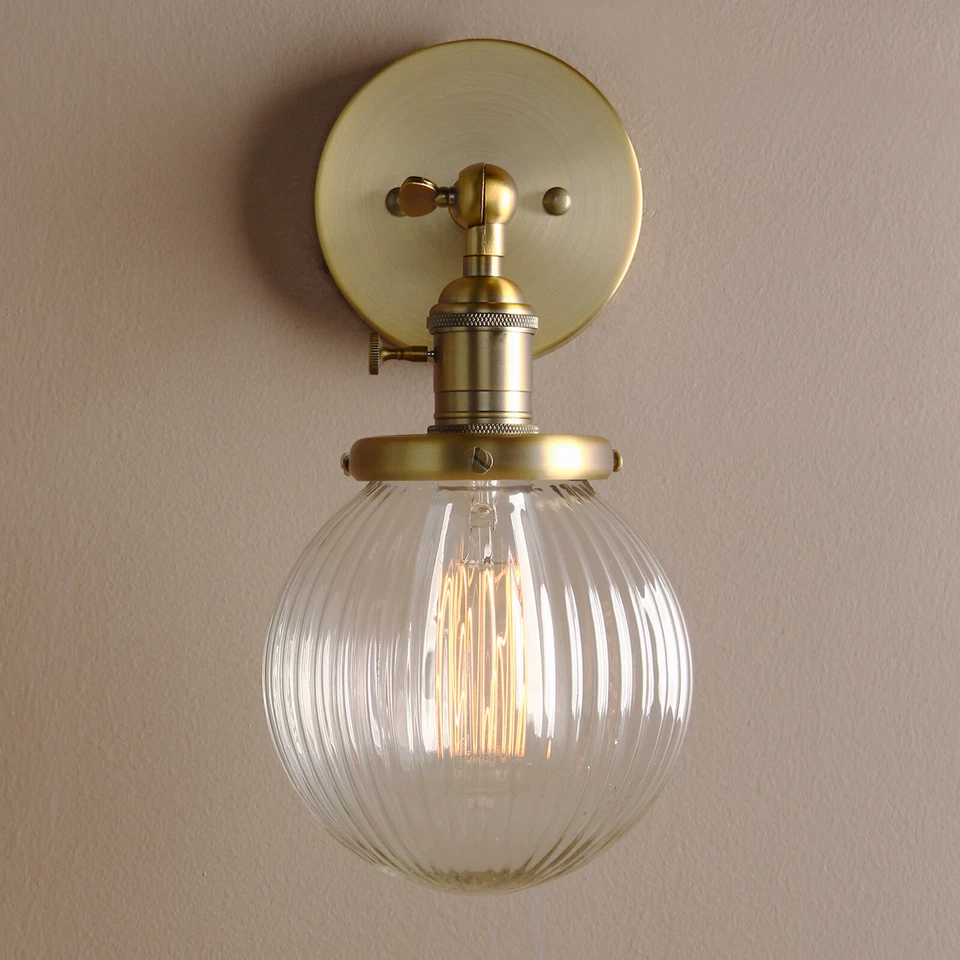 Vintage Industrial Wall Lamp Sconce 5.9" Round Ribbed Glass Shade Light w Switch - Image 4 of 4