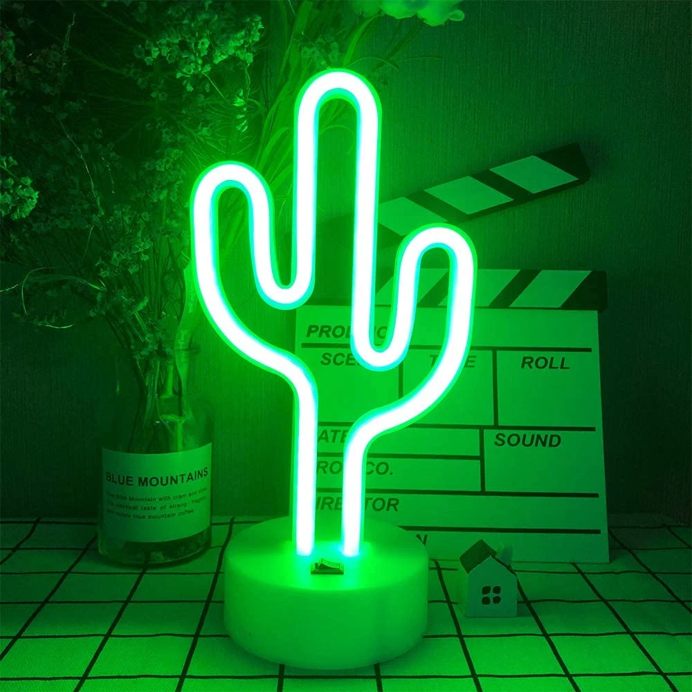 LED Cactus Shaped Neon Signs Light Holder Base Lamp with Battery