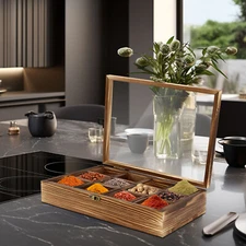 12-Compartment Wooden Spice Box with Spoon - Elegant Kitchen Storage Solution