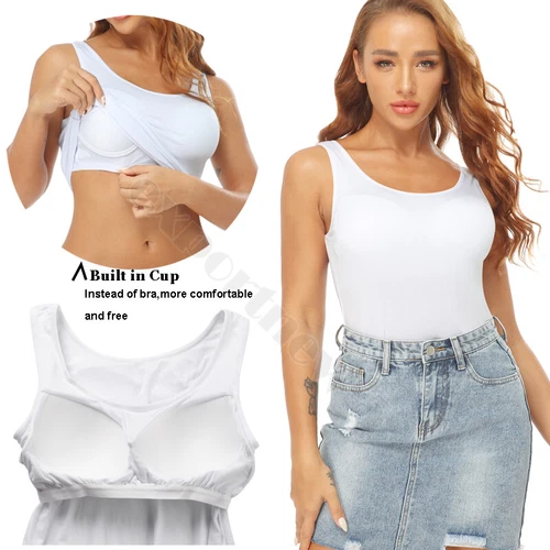 TANK TOP Womens Stretch Long Workout Fitness Sport Yoga Built in Bra Basic Top - Picture 16 of 61