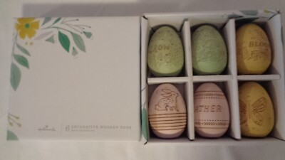 HALLMARK WOODEN EGG FIGURES BOXED SET 6 ETCHED CARVED YELLOW PINK GREEN 2 3/8''