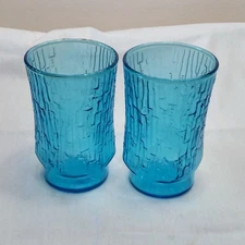Anchor Hocking Pagoda Laser Blue Juice Glasses Bamboo Bark Pattern Two(2) pc Set