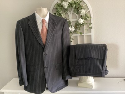 AUSTIN REED LONDON ENGLAND 2 BTN 100% WOOL DRK GRAY STRIPED 2PC SUIT 40R 34X31