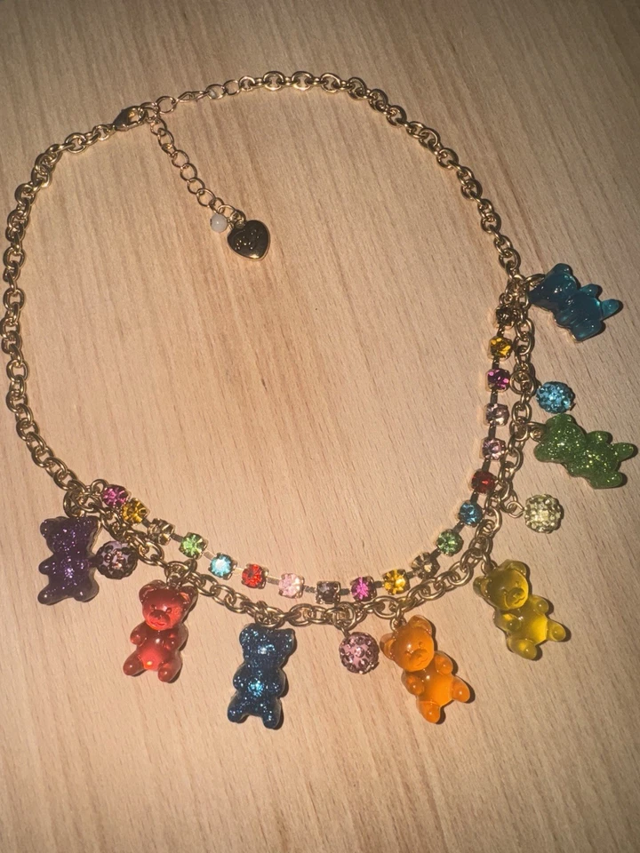 Collar Betsey Johnson Arco Iris Oso Gomoso Dije - Tono Dorado, Doble Cadena, Y2K Foto 2 de 4