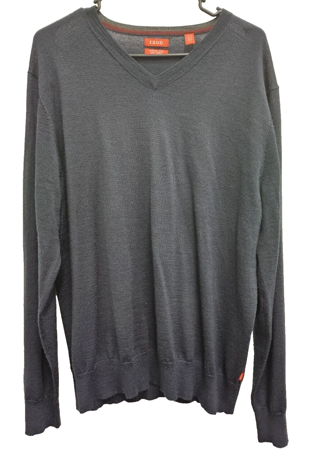 Izod Mens Sweater Large Navy Wool Washable V-Neck Long Sleeve Pullover Preppy