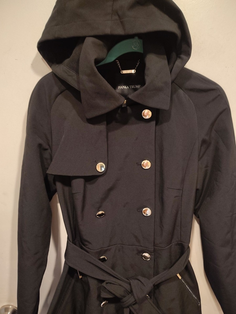 Ivanka Trump Black Hooded Double Breasted Belted Trench Coat Sz M