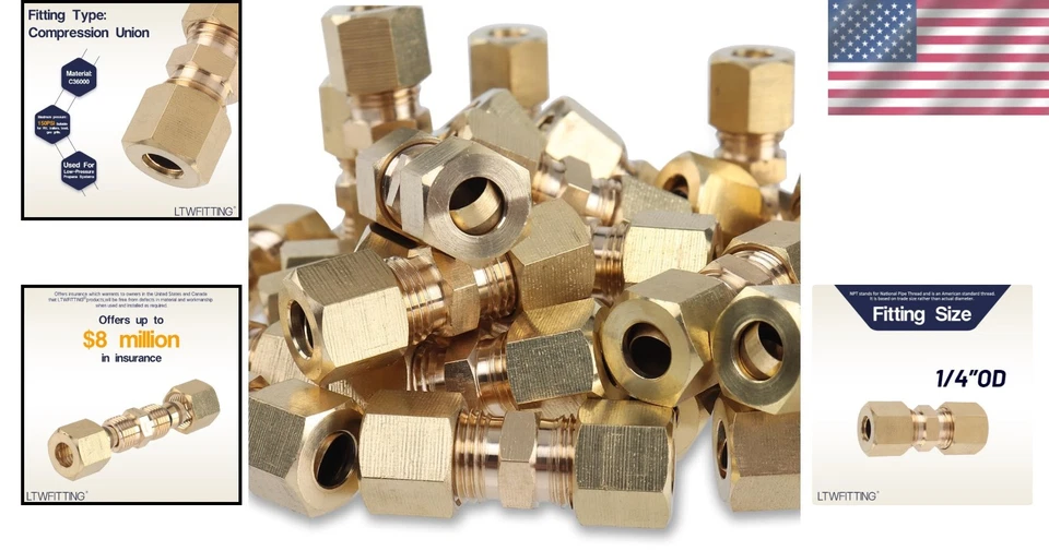 Versatile Pack of 30 Brass Compression Unions for 1/4-Inch OD Connections - Image 2 of 4
