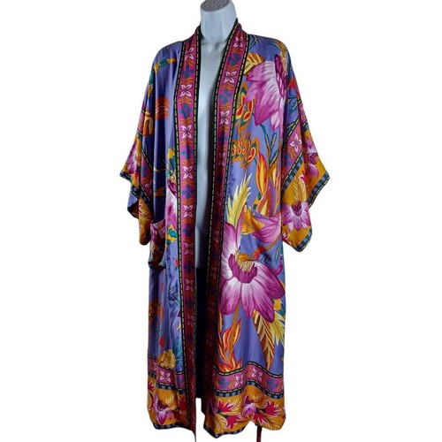 VTG Tropical Floral Kimono Robe L Lounge Boho Wrap Purple Magenta Maxi Duster - Picture 4 of 11
