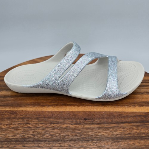 Crocs Kadee Sandals Women's 10 Silver Glitter Slip On Flat Z Strap Comfort