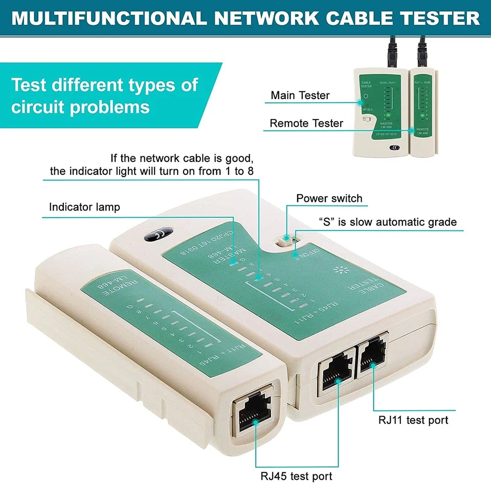 Kit tester cavo rete LAN RJ45 RJ11 RJ12 pinza crimpatrice plug ethernet custodia - Immagine 3 di 4
