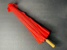 Vintage Red Japanese Oriental Style Vinyl Waterproof Parasol Wooden Handled 21  