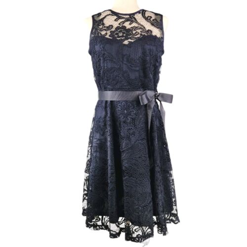 Dress Barn Sleeveless Lace A-Line Dress 10 Petite Navy Blue Midi Cocktail Party - Picture 2 of 18