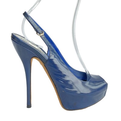 グッチ　パンプス　ネイビー GUCCI Navy Patent Leather Peep Toe Slingback Platform Pumps
