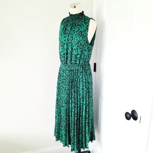 Banana Republic Emerald Green Leopard Satin Mock Neck Slvless Pleated Dress Sz M - Picture 4 of 8