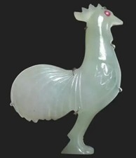 Charming Vintage Chinese Jade Rooster Cock Silver Brooch