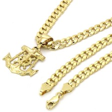 Mens 14k Gold Plated SMALL Jesus Anchor Pendant 5mm 24" Cuban Necklace Chain L2