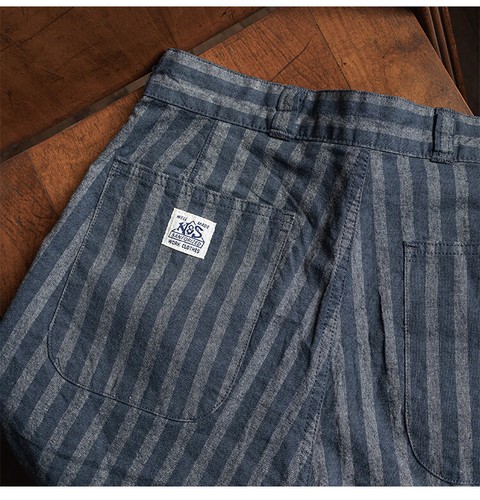Non Stock Men's Vintage Stripe Chambray Shorts Double Pleats Loose Casual Shorts - Picture 13 of 17