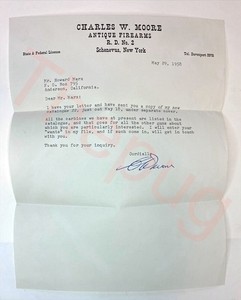 1958 Charles W Moore Antique Firearms Gun Dealer Letterhead Signed  Schenevus NY