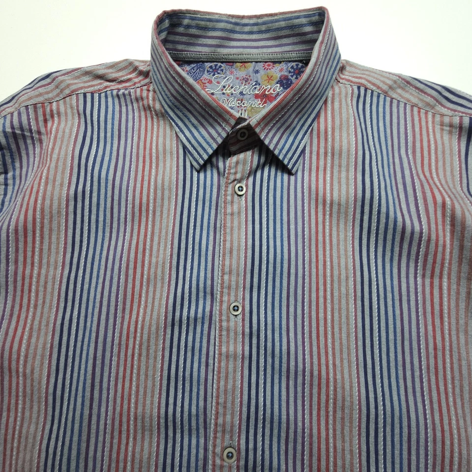 Camisa Luchiano Visconti Hombres XL Gris Rojo Azul Pin Rayas Informal Puño Abatible Oficina Foto 3 de 4