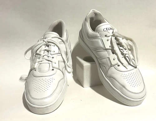 CELINE TRAINER SNEAKERS BASSE STRINGATE IN PELLE DI VITELLO Tg 9 Bianco 100% Autentico