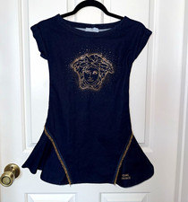 Young Versace Navy Fit & Flare Cap Sleeve Round Neck Logo Dress Size 6-8